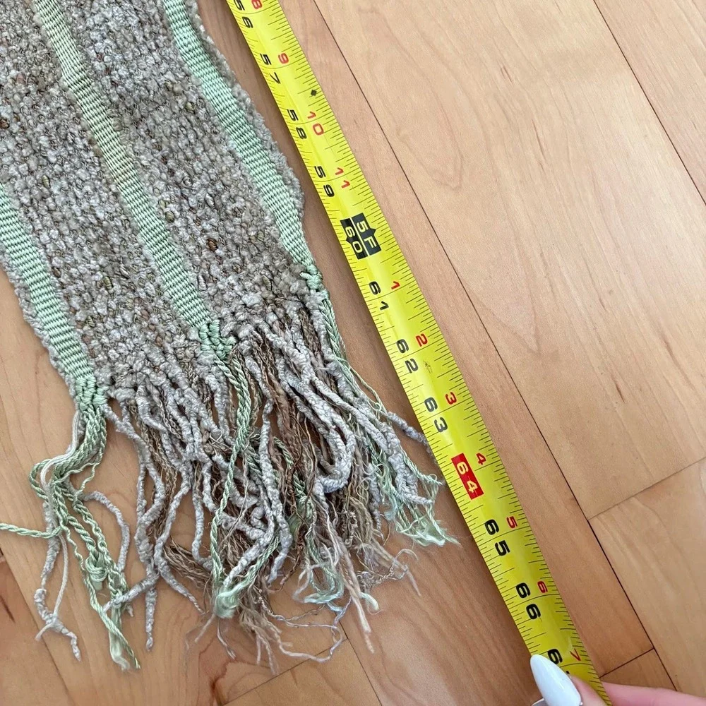 Yacan Handwoven Scarf Guatemala Backstrap Loom Cotton Rayon Green Tan Fringe